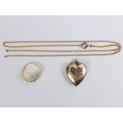 92A - 9ct gold back and front locket, 9ct gold chain and a gold ring, 8.8 grams gross.