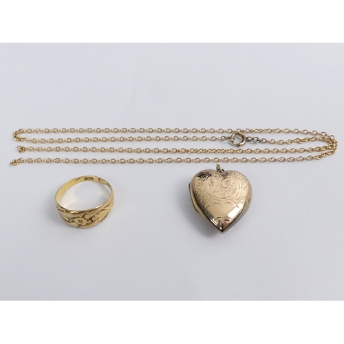 92A - 9ct gold back and front locket, 9ct gold chain and a gold ring, 8.8 grams gross.