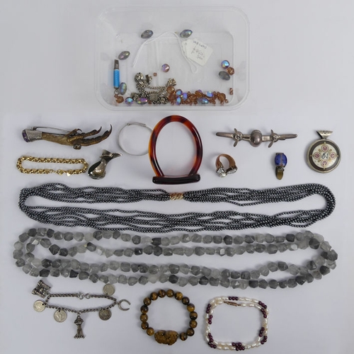 94 - A collection of mixed jewellery, including a silver and enamel whistle and a Victorian claw brooch.