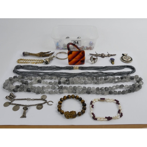 94 - A collection of mixed jewellery, including a silver and enamel whistle and a Victorian claw brooch.