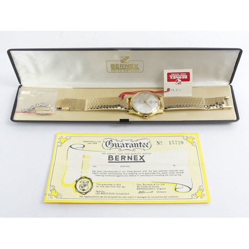 101 - Gents gold tone Bernex Barracuda 17 jewel, manual wind watch, with box and papers, 35.4mm.
Condition... 