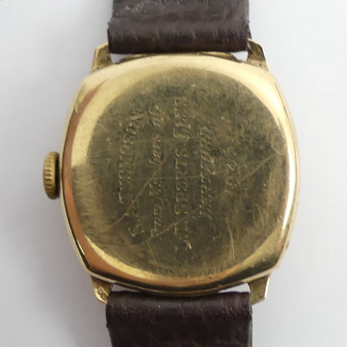 102 - J.W. Benson 9ct gold gents manual wind watch, assay for Birm.1944, 30.7mm. 
Condition Report:
In wor... 