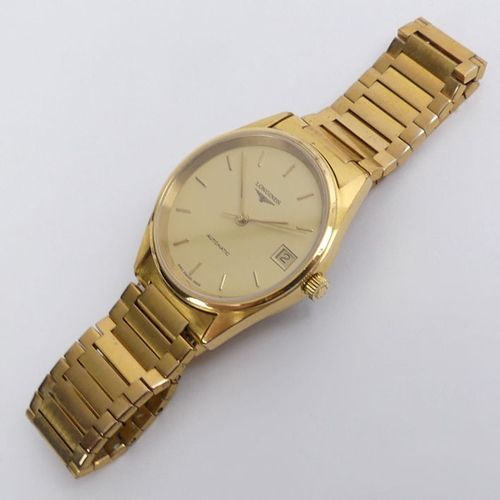 109 - Longines gold tone, automatic date adjust watch and box, 35.2mm.
Condition Report:
In working order.