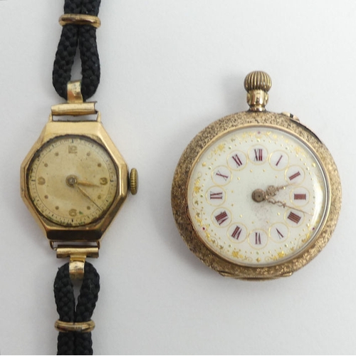 110B - Ladies 14ct gold fancy dial pocket watch and a 9ct gold watch. Pocket watch 32.3 mm in diameter.