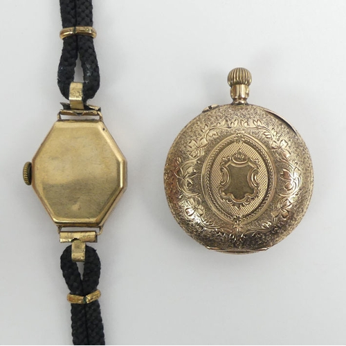 110B - Ladies 14ct gold fancy dial pocket watch and a 9ct gold watch. Pocket watch 32.3 mm in diameter.