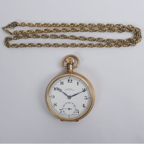 121 - 1920's 9ct gold open face pocket watch and plated chain, 50mm x 68mm.