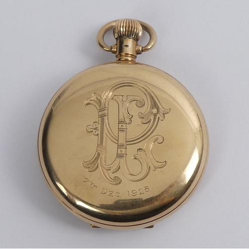 121 - 1920's 9ct gold open face pocket watch and plated chain, 50mm x 68mm.