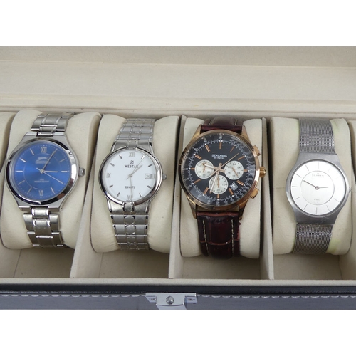 126 - A six watch box, including a rose gold tone Sekonda chronograph.