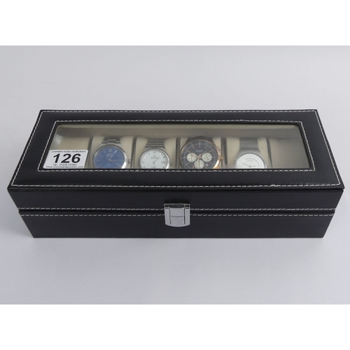 126 - A six watch box, including a rose gold tone Sekonda chronograph.