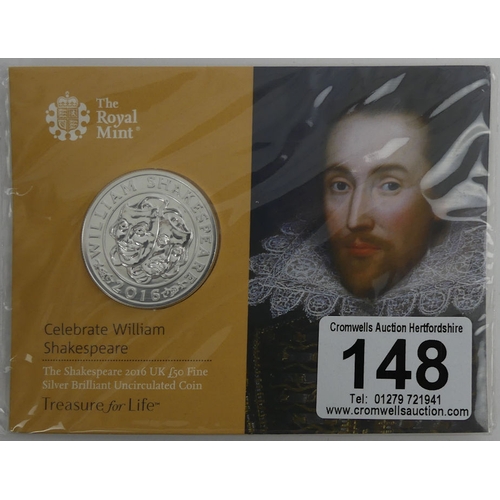 148 - William Shakespeare 2016 £50 Fine Silver Proof limited edition coin with C.O.A.