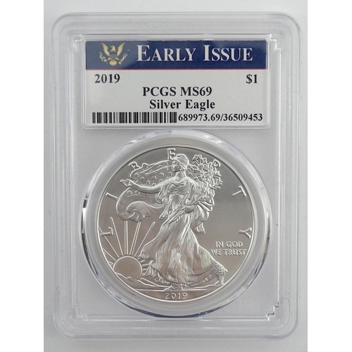 149 - 2019 un-circulated American Eagle fine .999 silver dollar, boxed with C.O.A.