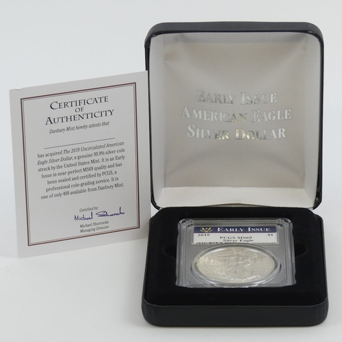 149 - 2019 un-circulated American Eagle fine .999 silver dollar, boxed with C.O.A.