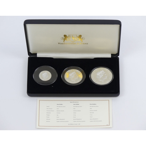 157 - 2023 Queen Elizabeth II Coronation Anniversary, fine silver proof three coin collection, boxed with ... 