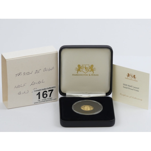 167 - 2020 half Laurel gold proof Tristan da Cunha limited edition coin, 4 grams, boxed with C.O.A.