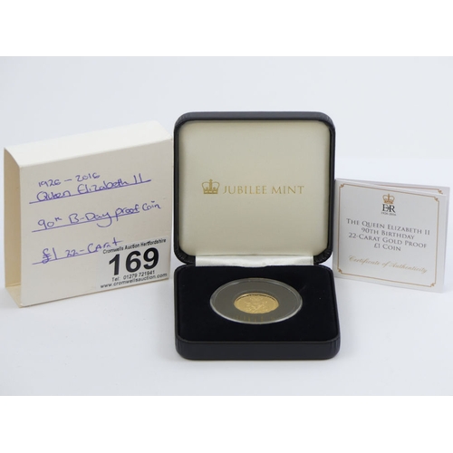 169 - The Queen Elizabeth II 90th birthday 2016, 22ct gold proof £1 coin, limited edition, boxed with C.O.... 