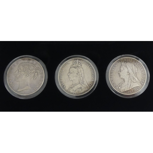 178 - The Queen Victoria silver crown collection 1844, 1889 and 1900, boxed with c.o.a.