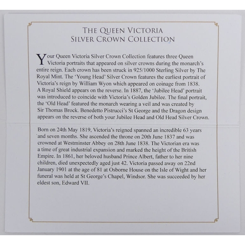 178 - The Queen Victoria silver crown collection 1844, 1889 and 1900, boxed with c.o.a.