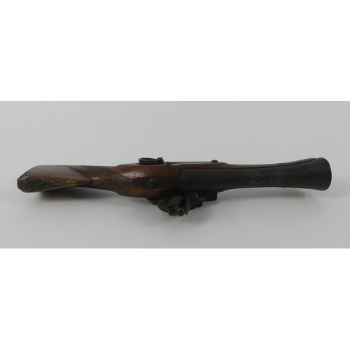 192 - A flintlock mahogany stock blunderbuss with brass fittings, marked 84-86 to the barrel. Length 39 cm... 