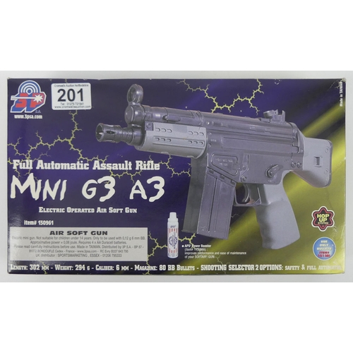 201 - Mini G3 A3 full automatic assault rifle, electric operated air soft gun, boxed, 30cm.
No licence is ... 