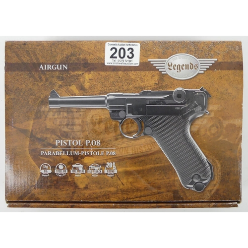 203 - Limbex legends parabellum pistol P.08 gas type airgun, boxed with instructions, 21cm.
No licence is ... 