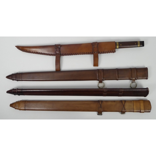 218 - John Barnett Ancient Warrior collection sword and scabbard together with three leather scabbards, 45... 