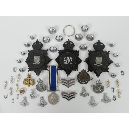 234 - Police medal, cap badges, buttons, including police service medal, Oxfordshire Constabulary, helmet ... 