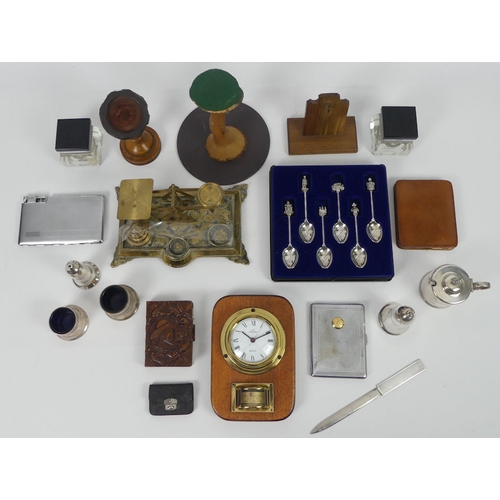 266 - A box of items, including glass inkwells , brass postal scales and weights, pocket watch stands and ... 