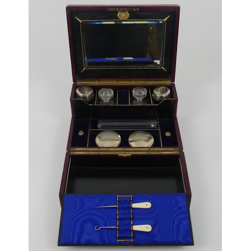 277 - Late 19th century leather ladies vanity box opening to reveal fitted compartments with perfume bottl... 