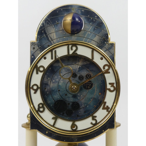 282 - A glass dome covered anniversary time clock with zodiac dial and world globe pendulum by Kaiser, 27c... 