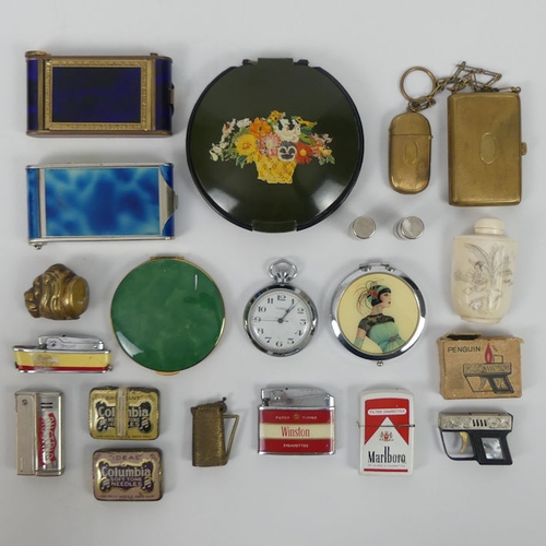 290 - Various items, including compacts, lighters, cigarette cases, vesta cases and an Oriental perfume bo... 