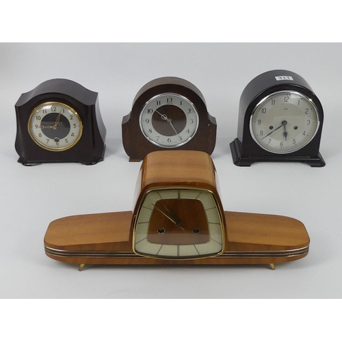 311 - Four vintage mantel clocks, including Smiths bakelite and Enfield bakelite examples, 21cm x 22cm.