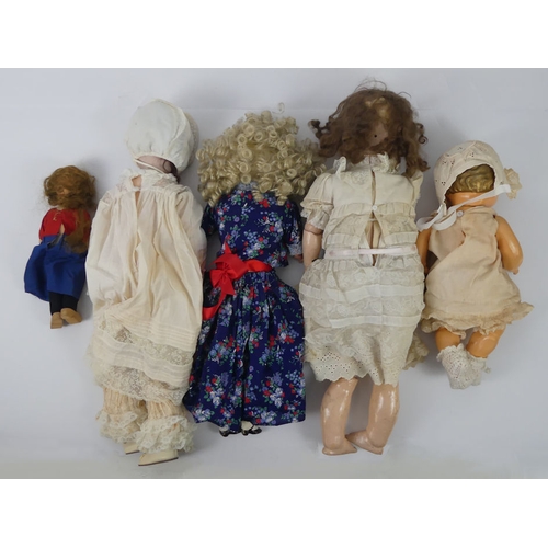 317 - Five dolls, including a German Koppelsdorf bisque headed doll, vintage wax doll and another bisque h... 