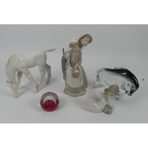 340 - Lladro figure 4523 'Girl with Slippers' , a Murano glass bull, a Nao figure, Caithness paperweight a... 