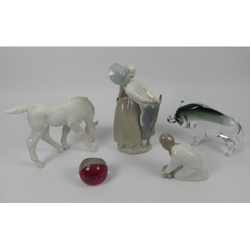 340 - Lladro figure 4523 'Girl with Slippers' , a Murano glass bull, a Nao figure, Caithness paperweight a... 