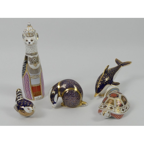 343 - Five Royal Crown Derby paperweights, a dolphin, badger, tortoise, royal cat and a bird, tallest 22.5... 