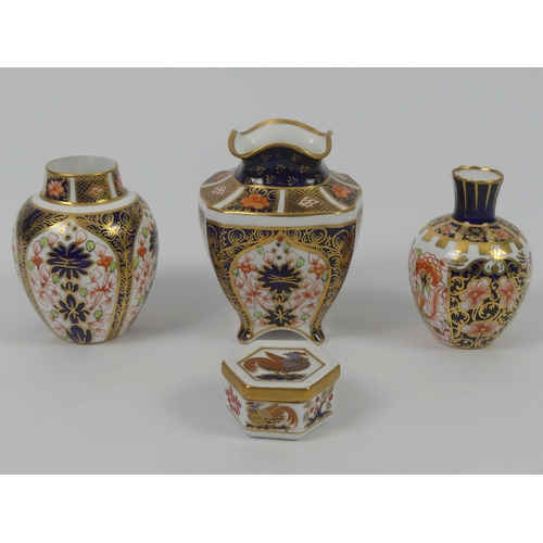 346 - Three Royal Crown Derby Imari pattern vases together with a trinket pot, highest 10cm.