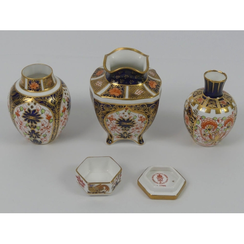 346 - Three Royal Crown Derby Imari pattern vases together with a trinket pot, highest 10cm.