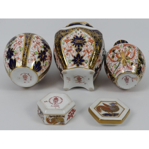 346 - Three Royal Crown Derby Imari pattern vases together with a trinket pot, highest 10cm.