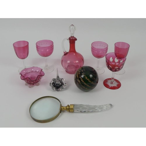 348 - Various glassware, including a Cranberry decanter and glasses, Mdina paperweight, Caithness ring sta... 