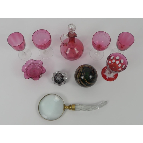 348 - Various glassware, including a Cranberry decanter and glasses, Mdina paperweight, Caithness ring sta... 