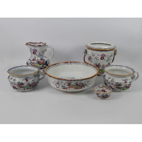 356 - Masons Ironstone wash set, comprising of a wash jug and bowl, two chamber pots, a soap dish and a sl... 