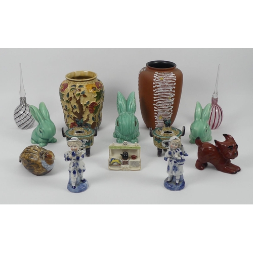 361 - Ceramics and glassware to include three Sylvac rabbits, perfume bottles, German figures and an India... 