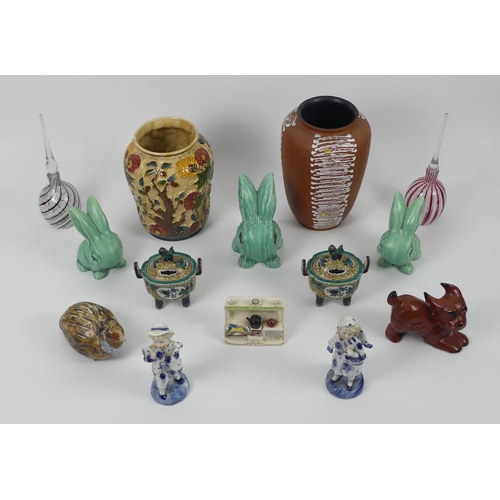 361 - Ceramics and glassware to include three Sylvac rabbits, perfume bottles, German figures and an India... 