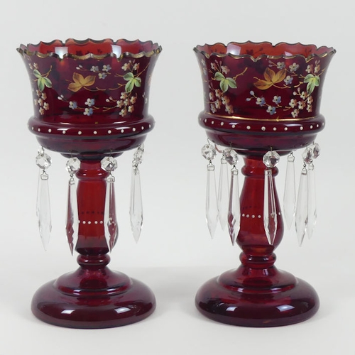 362 - A pair of Victorian ruby glass and enamel lustres, 27.5cm x 14.5cm.