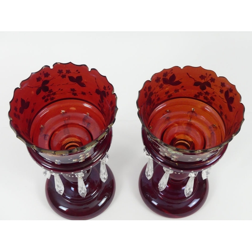 362 - A pair of Victorian ruby glass and enamel lustres, 27.5cm x 14.5cm.