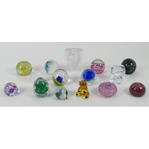 372 - Fifteen glass paperweights including a Daum Owl example, Mdina and Caithness. Highest 13 cm.