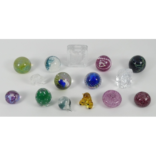 372 - Fifteen glass paperweights including a Daum Owl example, Mdina and Caithness. Highest 13 cm.