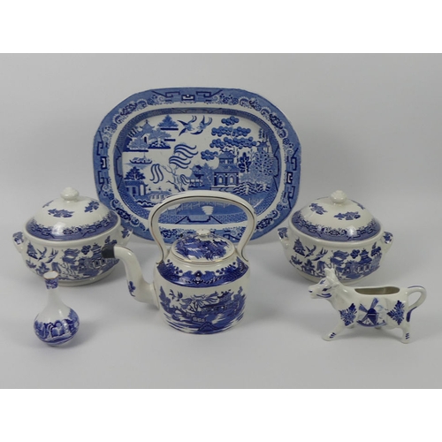 375 - Victorian and later blue and white ceramics including a Burleigh ware teapot a meat plate and tureen... 