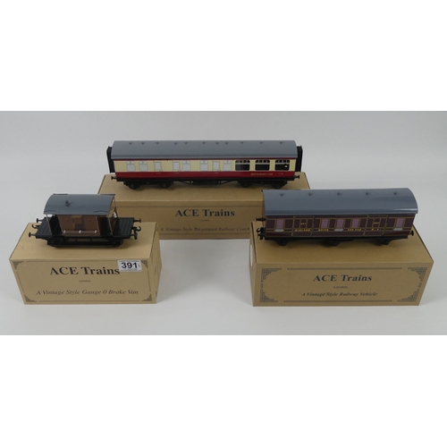 391 - Boxed Ace trains vintage style O gauge tin railway coach together with a boxed Ace trains brake van ... 