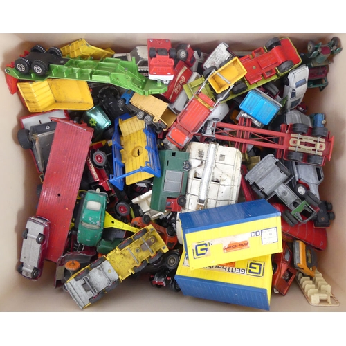 395A - A box of play worn die cast Dinky, Corgi and Matchbox vehicles.